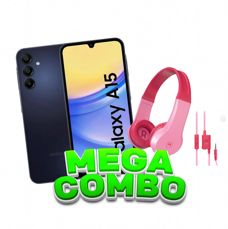 MEGA COMBO SAMSUNG A15 6/128 GB NEGRO +  AUDIFONOS MOTOROLA JR200 ROSA